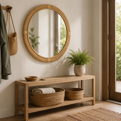 31.94 in Round Woven Rattan Wall Mirror with Natural Brown Frame