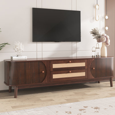 Rattan TV Stand For Tvs Up To 75 Inches, Modern Farmhouse Style Media Console With Solid Wood Legs For Living Room Entertainment