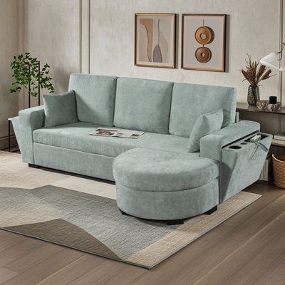 Canapé de coin avec ports de chargement USB, pouf de rangement et porte-gobelets