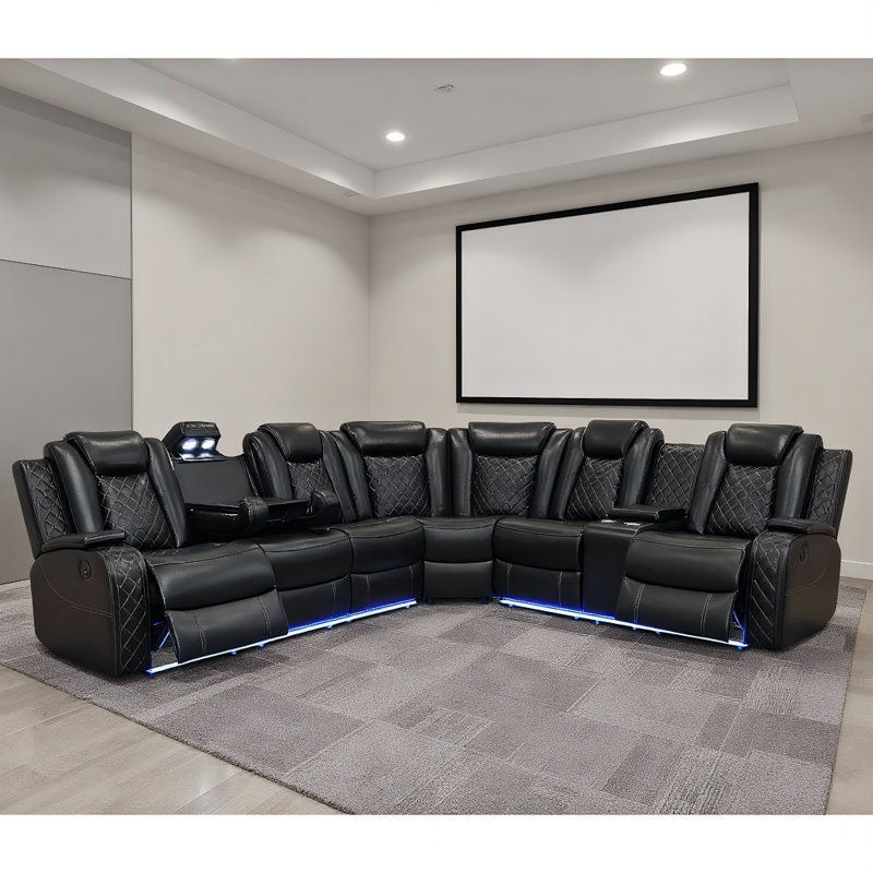 3 - Piece Vegan Leather Power Reclining Sectional Sofa Set with LED Lights and Wireless Charging Station, Black Faux Leather