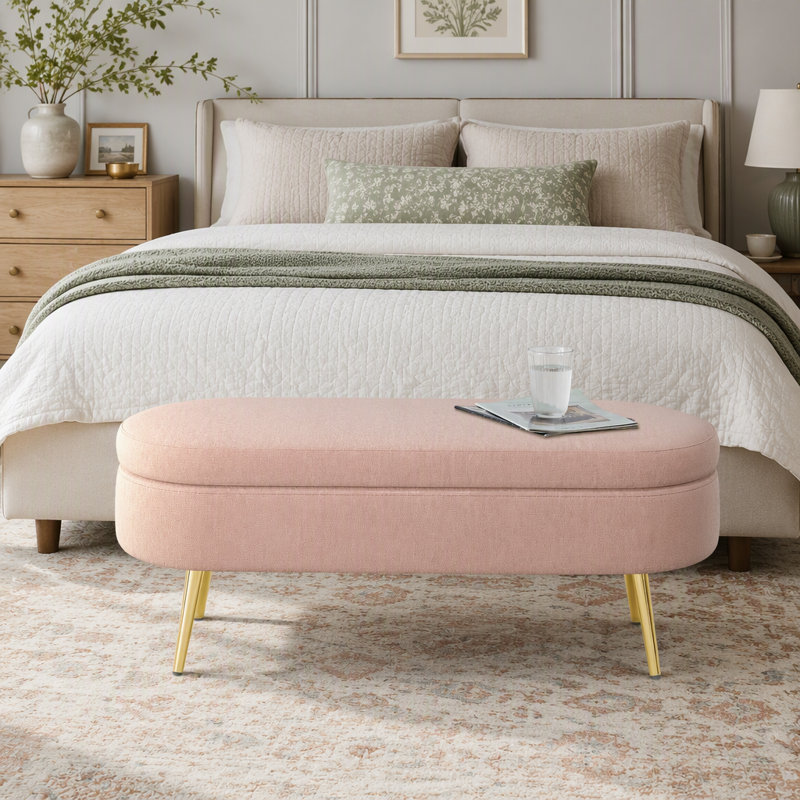 Banc de rangement repose-pieds ovale en flanelle avec pieds en métal - rose, H 16 po x L 43 po x P 16 po, Rose, Rose