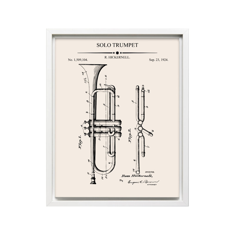 Trompette Blueprint No2, Canvas, White Framed, 16"H x 20"W