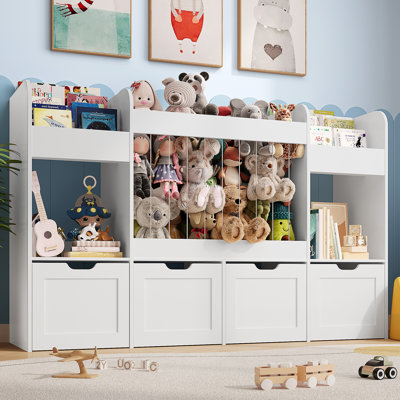 63"W Toy Storage with 4 Removable Drawers, 132L Stuffed Animal Storage with 2 Cabinet, Toy Organizer with 6-Tier Bookshelf, for Playroom, Nursery,Kids Room,White