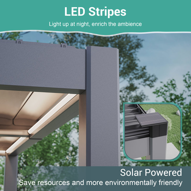 Aluminum Patio Solar LED Pergola with Louvered Canopy, 10x13ft