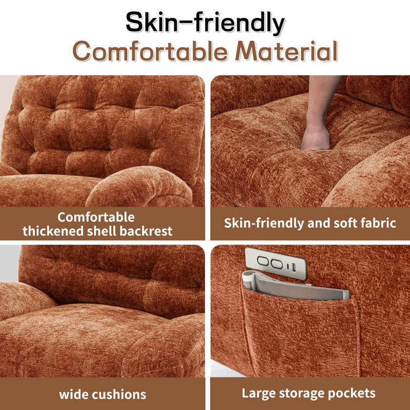Recliner Chair, Electric Recliners , Soft Fabric Upholstered Recliner Chair With Side Pockets, Orange