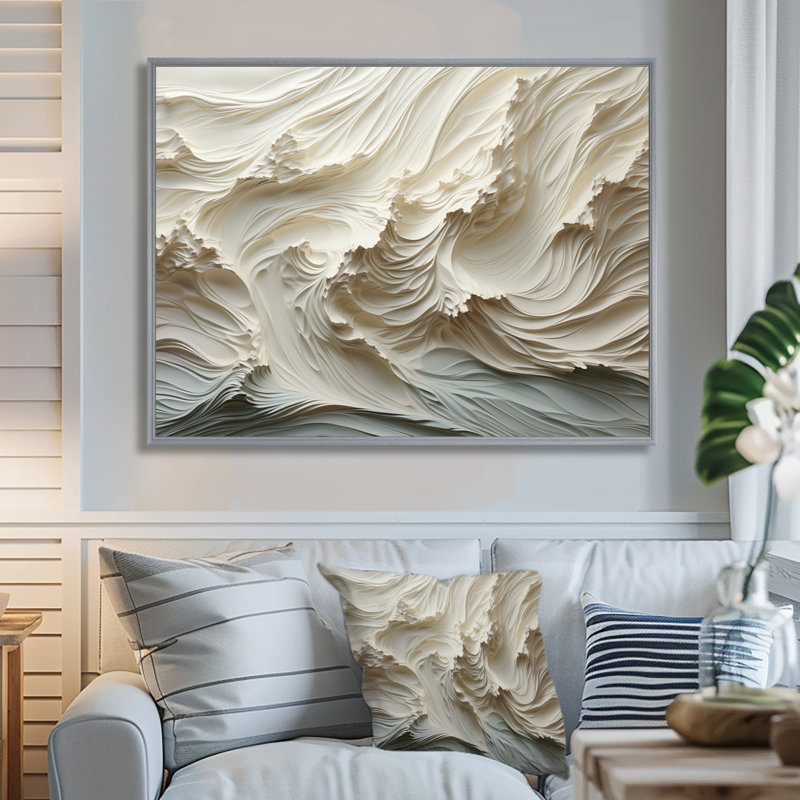 «White and Blue Wave Papercut Style II» - art mural vagues côtières, H 24 po x l 32 po x P 1 po, Silver Floater Framed