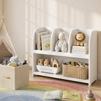 Organisateur de rangement pour jouets pour enfants, bibliothèque ouverte à 2 niveaux avec compartiments divisés, armoire de rangement autoportante en bois pour enfants pour salle de jeux, chambre de bébé, chambre d'enfant, blanc