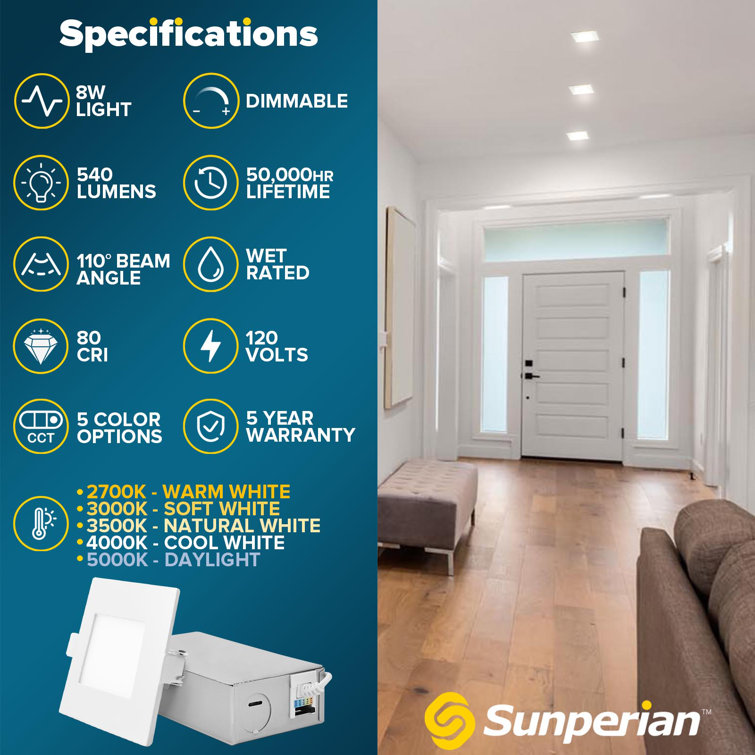 Sunperian 3 Inch Square Ultra-Thin LED Recessed Light J-Box 5 Colour Options 8W 540 Lumens Dimmable Wet Rated 4 Pack