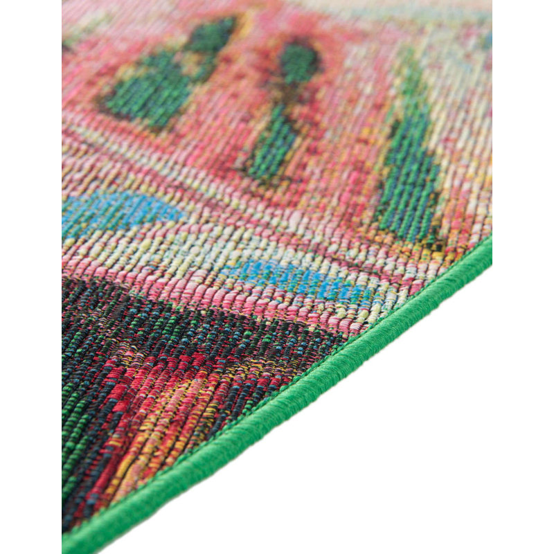 Round 7'1" Green and Pink Floral Synthetic Rug