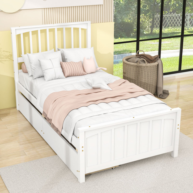 Twin Size Wood Platform Bed with Storage Drawers and Headboard, White