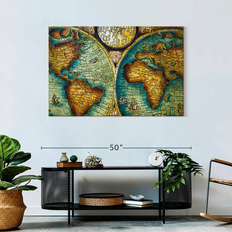 Carte du vieux monde sur toile, H 30 po x l 45 po x P 1,25 po