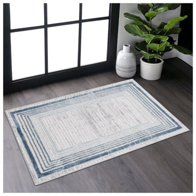MARFI Collection Blue & Ivory Bordered Area Rug - Stain Resistant, Non-Shedding Medium Pile Indoor Runner for Entryway, Living Room & High Traffic Spaces
