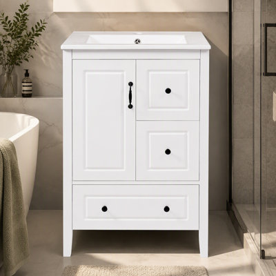 Meuble-lavabo de 24 po avec lavabo, une armoire avec porte à fermeture douce, 3 tiroirs à fermeture douce, poignées en métal rétro, blanc