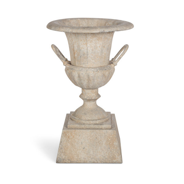 Fluted Metal Urn with Pedestal, Soft White, 33"H, Weathered Stone