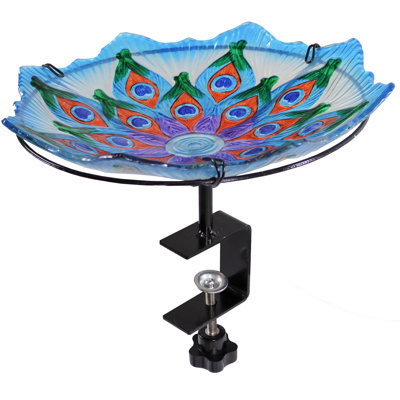 Rex Staked or Deck Mount Glass Outdoor Bird Bath Bowl, Exquisite Feathers