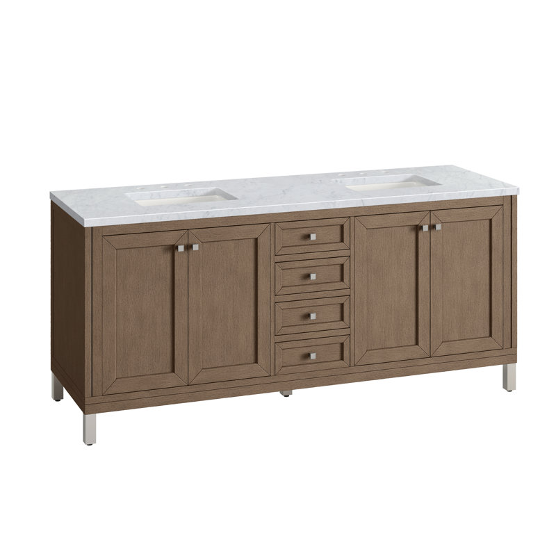 Chicago 72'' W Double Vanity, Walnut Whisper, Carrara White, 8" Widespread