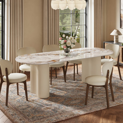 Jamani 71" Modern Oval Dining Table for 6, Glossy White Sintered Stone table top, Solid Wood Legs