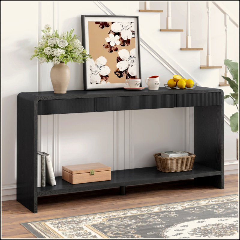 Modern 3-Drawer Console Table With Vertical Slats, Round Edge Design, Perfect For Entryway, Hallway Or Behind Sofa, Black