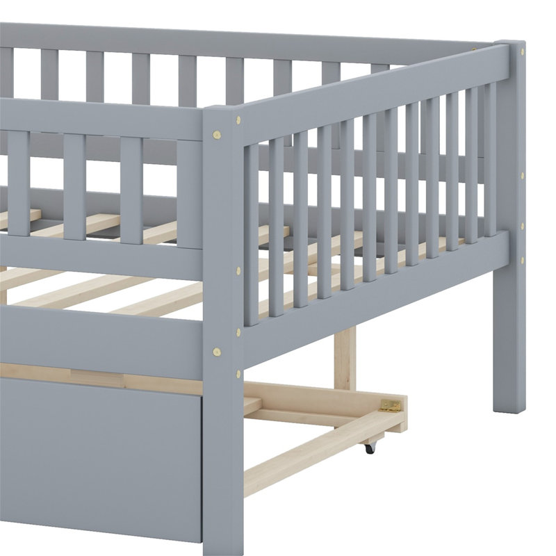 Daybed With Trundle And Fence Guardrails, Gray