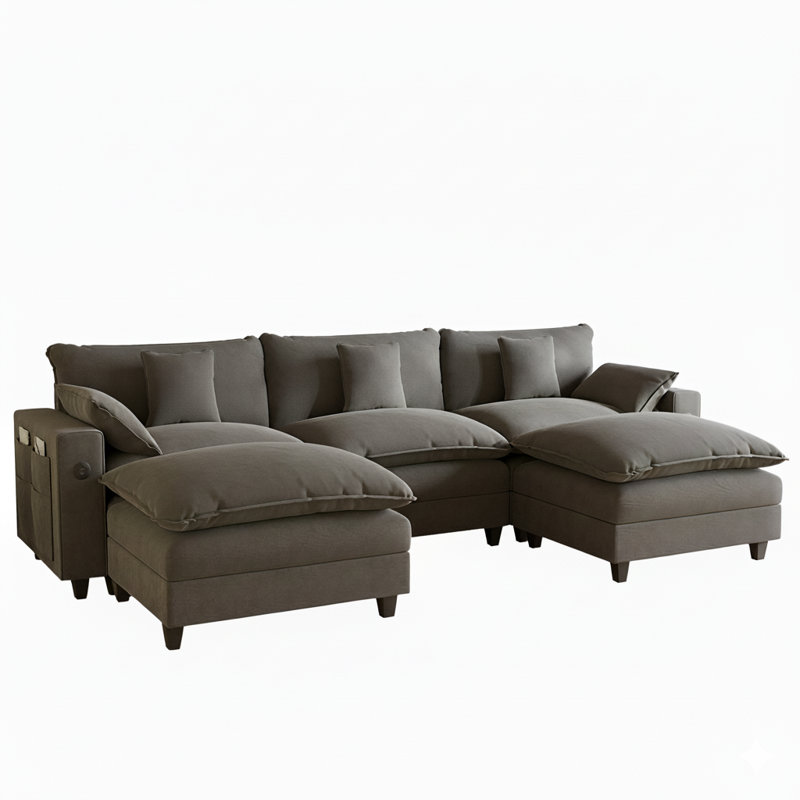 Sectional Couches for Living Room,116" U‑Shaped Modular Sectional with Ottoman, Cup Holders & USB Ports- Chenille Cloud Couch, 5-Seat Deep Seat Sofa for Apartment, Gray