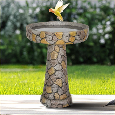 Bains d'oiseaux | Bain d'oiseaux pour l'extérieur pour patio 24 po, béton antique renforcé de fibres de pierre | Pierre mosaïque | Piédestal à un niveau