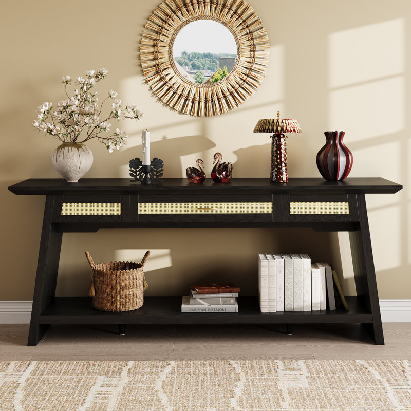 70.9”Rattan Entryway Table with Drawer, Narrow Long Console Table Behind Sofa, Modern Entry Accent Hallway Table for Living Room, Behind Couch, Entrance,Black