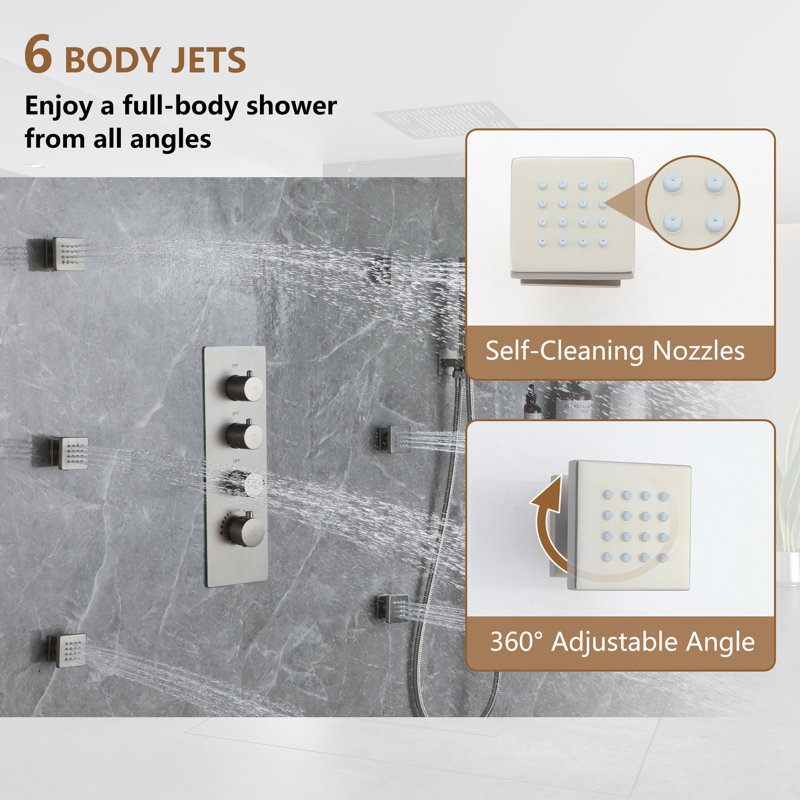 Brushed Nickel Square LED Rain Shower System with Handheld and Bluetooth Speaker