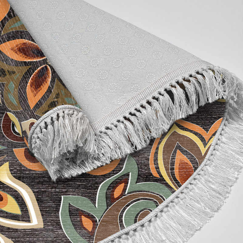 Tapis rond en polyester tissé à la machine à motif cachemire brun, Rond 5 pi 3 po