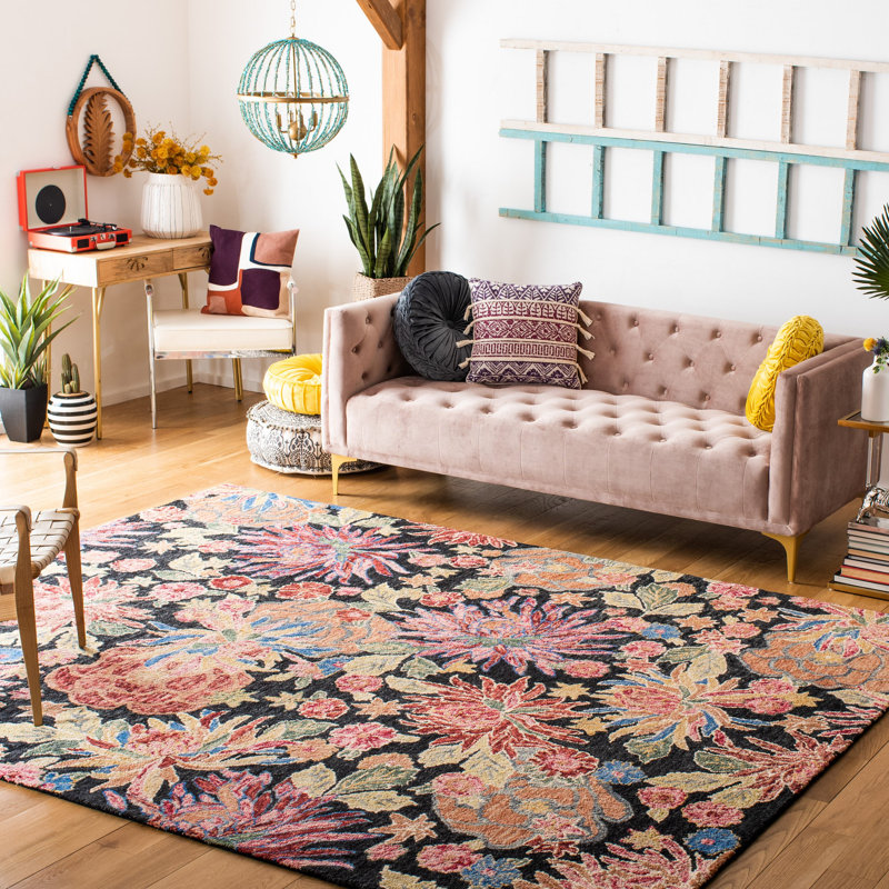 Tapis rouge / gris anthracite en laine / coton touffeté à la main Delman, Rectangle 4 pi x 6 pi