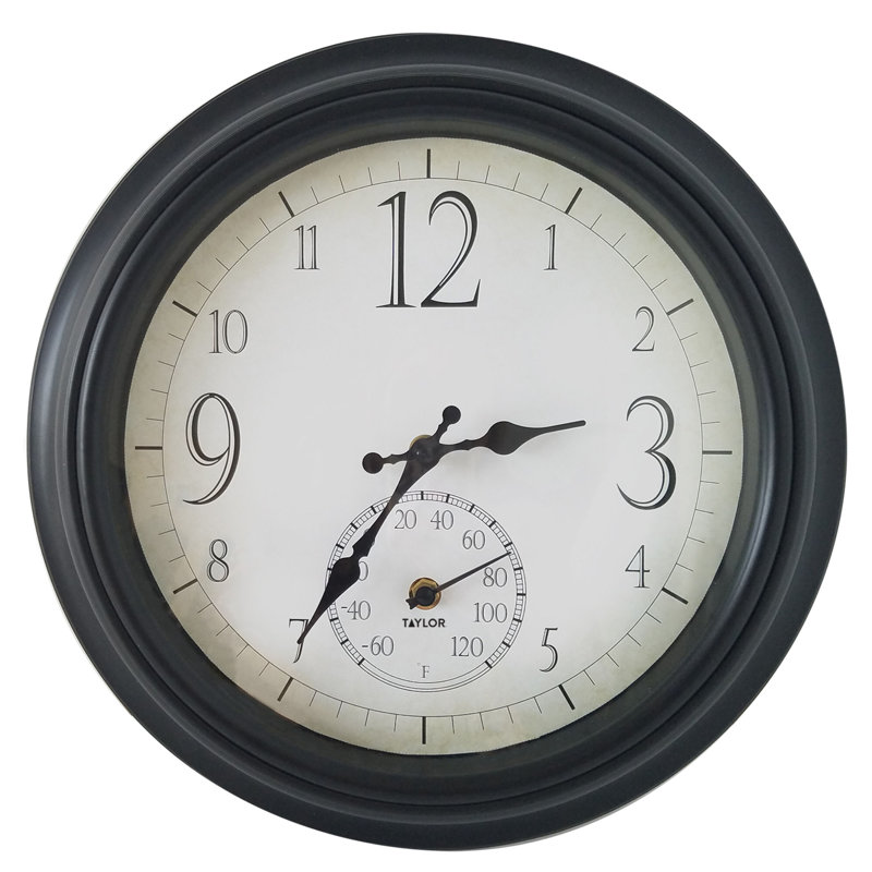 Indoor/Outdoor 14-Inch Round Dial Clock W/Thermometer-Black
