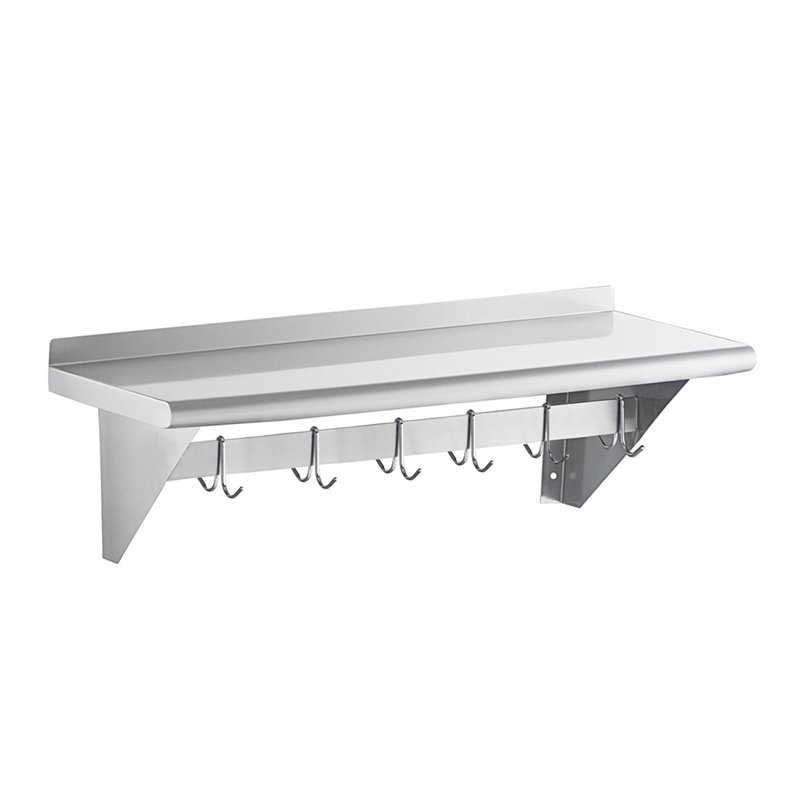 Support à casseroles mural en acier inoxydable avec tablette. Certifié NSF, H 11 po x l 36 po x P 12 po