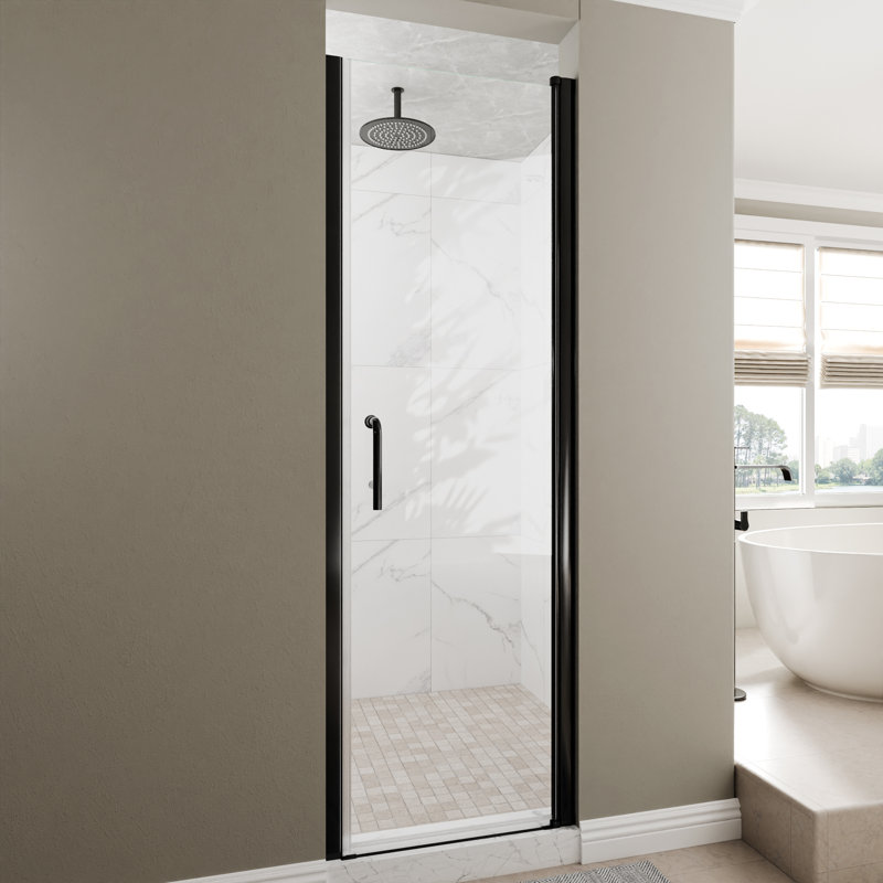 Porte de douche en verre pivotante sans cadre de l 24 à 26 po x H 72 po avec verre certifié, 24"W x 72"H, Noir