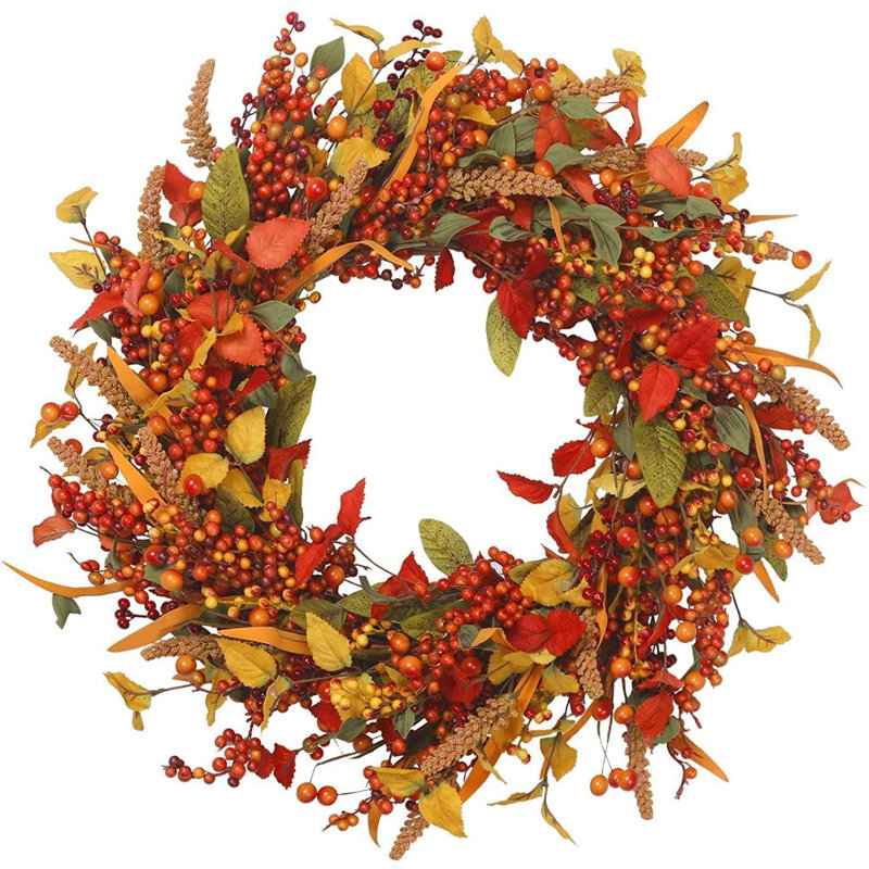 Couronne de baies artificielles 15,7 po avec baies mélangées, feuilles d'automne et blé - Décoration de porte de l'Action de grâce