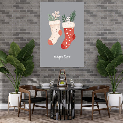 Magic Holiday Stockings Contemporary Winter Wall Art Print 1 Piece Wrapped Canvas Wall Art