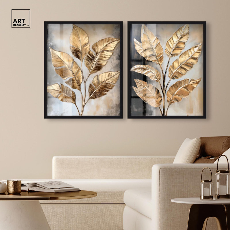 Ensemble de 2 décorations dorées Golden Glam Luxe par Art Remedy, cadre noir, 25 x 31, H 31 po x l 25 po, Structure noire