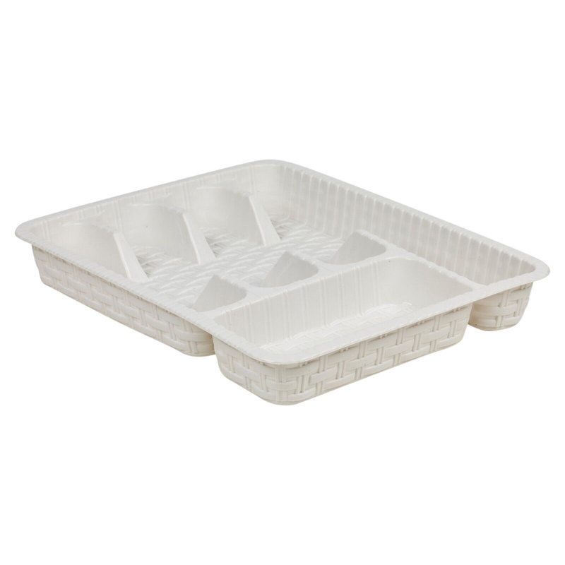 Beige Plastic Woven Rattan Cutlery Utensils Holder Flatware Drawer 5 Section Organiser, White