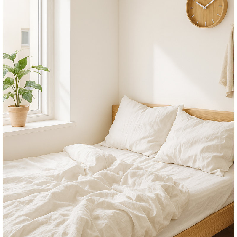 Ensemble de housse de couette 80% Tencel 20% lin français 3 pièces de couleur naturelle, Blanc