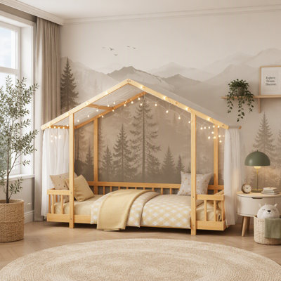 Platform Bed with Sheer Fabric Canopy and String Lights
