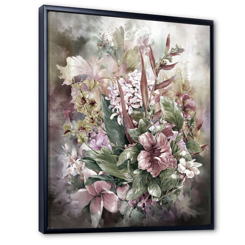 Grunge rose gris, fleurs d'été - décoration murale traditionnelle en toile, H 20 po x l 12 po x P 1 po, Cadre flottant noir