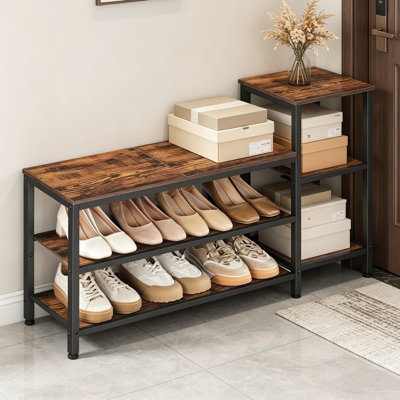 Banc de rangement à chaussures à 3 niveaux avec rangement, banc d'entrée industriel en bois avec siège, banc de rangement multifonctionnel pour le couloir, la chambre à coucher, le salon, brun rustique et noir