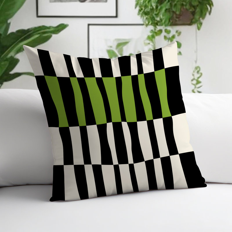 Coussin décoratif réversible en polyester filé Bianca, H 17 po x l 17 po, Chartreuse / blanc cassé / noir