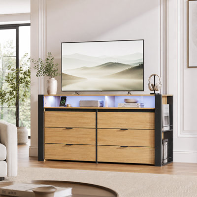 51" W 6-Drawer LED Dresser with Charging Station for Bedroom, Wood Dresser Storage Organizer with Open Shelves & Hanging Rack, Chest of Drawers for Nursery, Closet