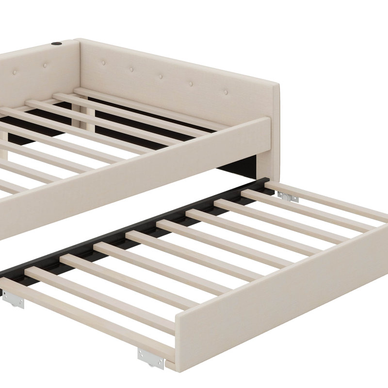 Lit plateforme tapissier Amandra avec port USB et lit gigogne simple, Double