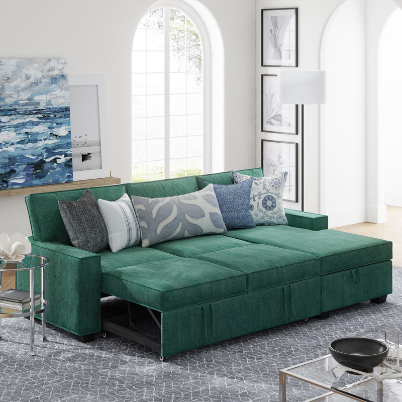 Yates 2 - Piece Upholstered Pull Out Sectional Sleeper Sofa With Storage Chaise, Teal Polyester