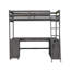 Lit mezzanine simple brun antique avec bureau en forme de U, tablettes de rangement et plateaux à tiroirs