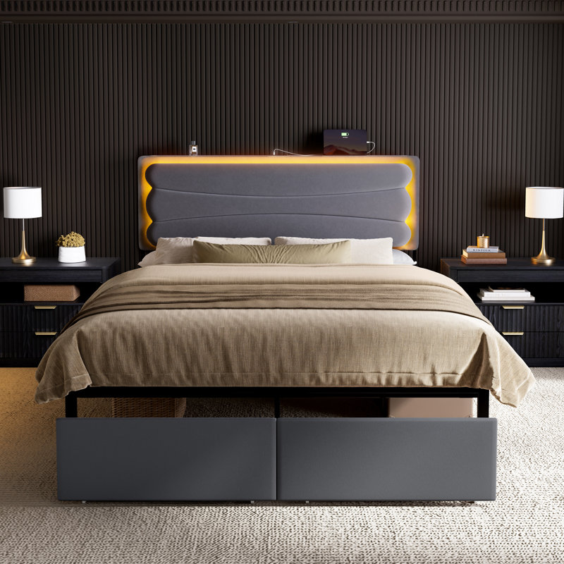 Lit double tapissier avec 2 tiroirs de rangement, lit de rangement en velours avec lumière DEL et station de charge, gris