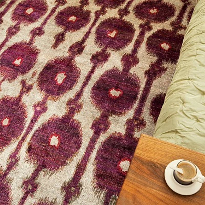 Rumi Ikat Hand-Knotted Silk Red/Beige/Grape Pom Area Rug, Rectangle 5'1" x 7'8"