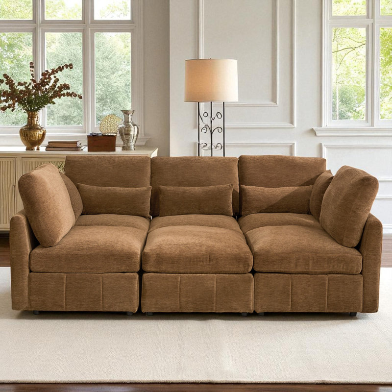 U-Shaped Modular Sectional Sofa With Ottoman And USB Ports, Brown Chenille