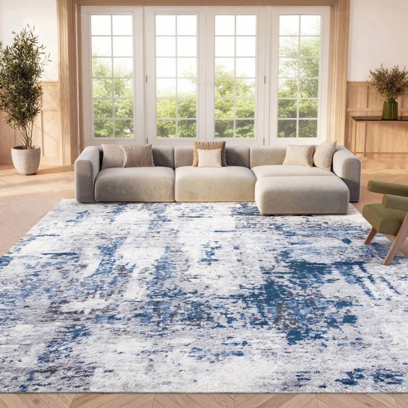 Minyard Abstract Gray/Blue Area Rug, Rectangle 8' x 10'