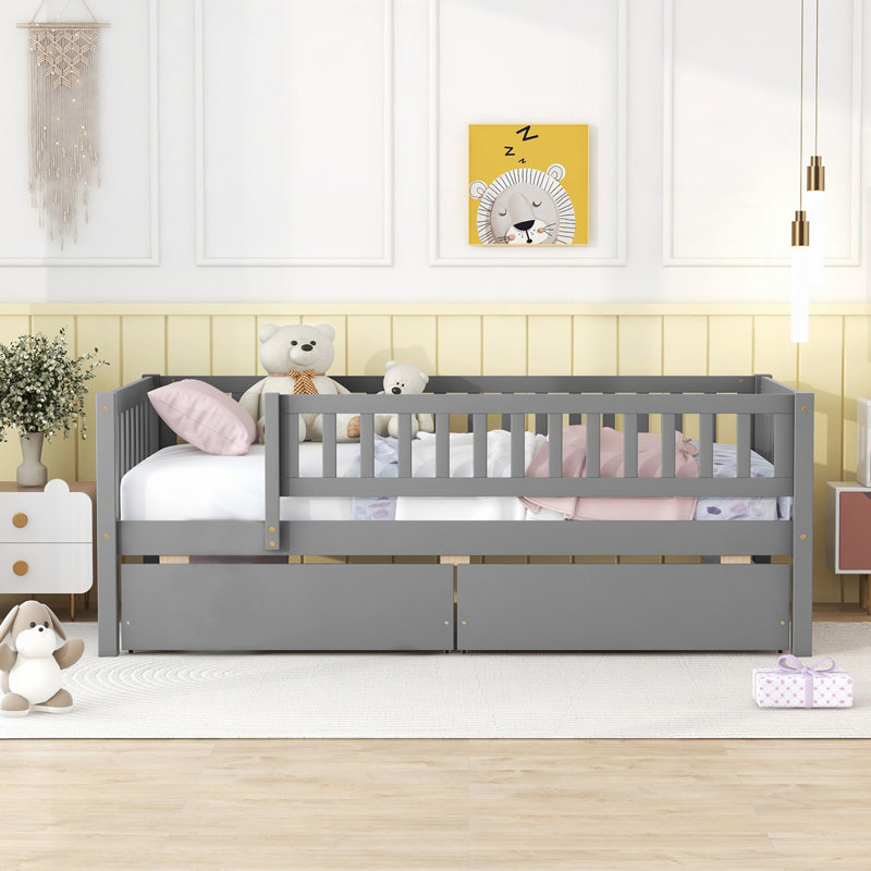 Lit en bois avec 2 tiroirs, gris, Simple